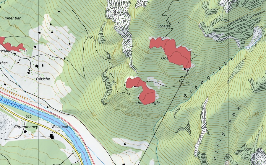 Carte nationale swisstopo avec le périmètre protégé de Underbürgle (Prairie sèche)