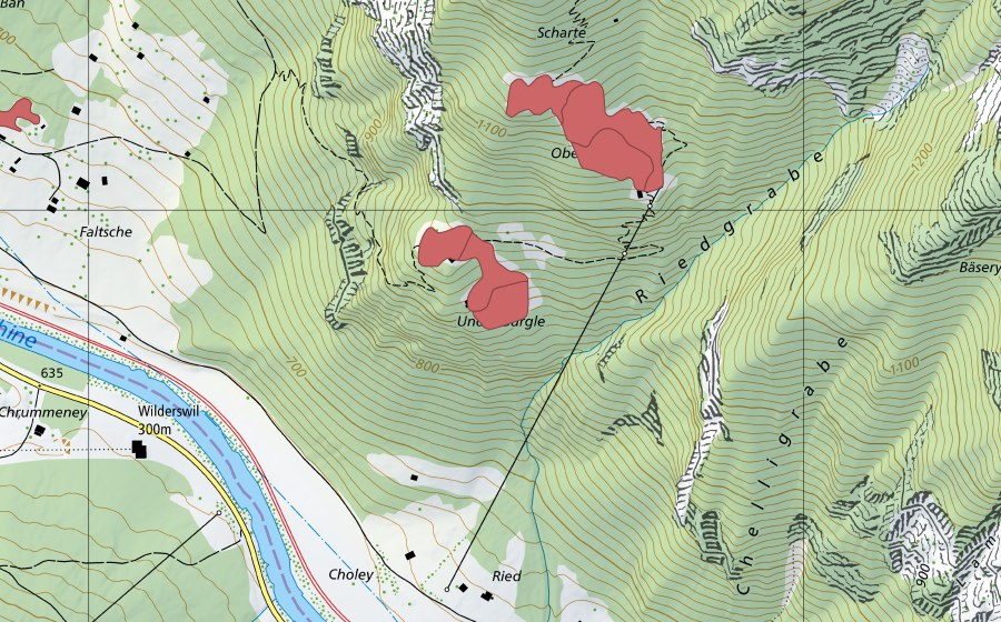Carte nationale swisstopo avec le périmètre protégé de Underbürgle (Prairie sèche)