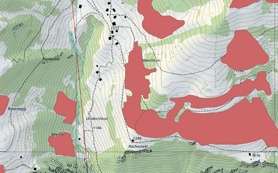Landeskarte swisstopo mit dem Schutzperimeter von Underchlusi (Trockenwiese)