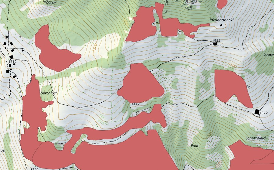 swisstopo national map showing the protected perimeter of Underchlusi (Dry meadow)