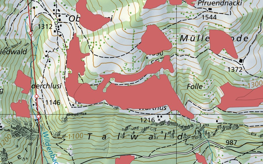 Landeskarte swisstopo mit dem Schutzperimeter von Underchlusi (Trockenwiese)