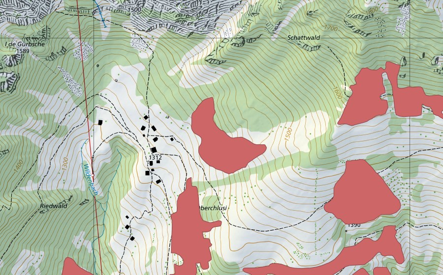 swisstopo national map showing the protected perimeter of Underchlusi (Dry meadow)