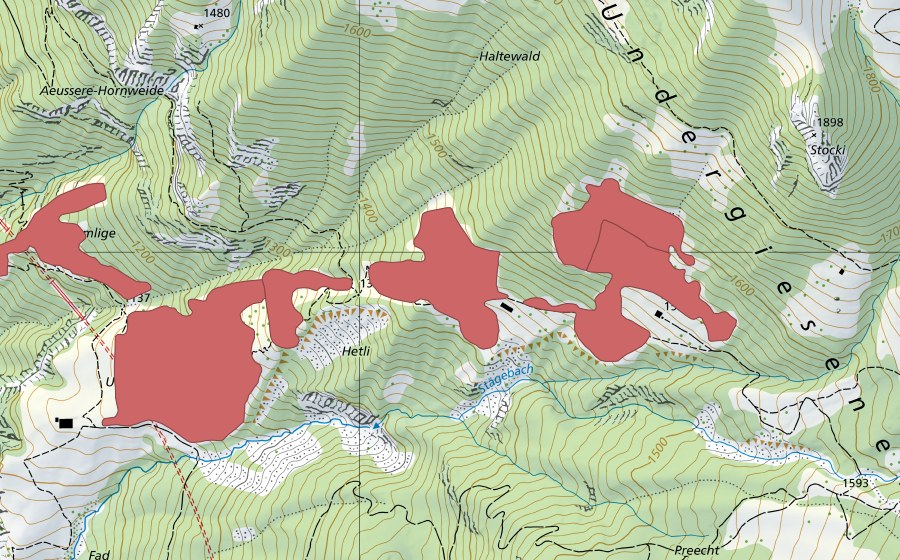 Carte nationale swisstopo avec le périmètre protégé de Undere Giesene (Prairie sèche)