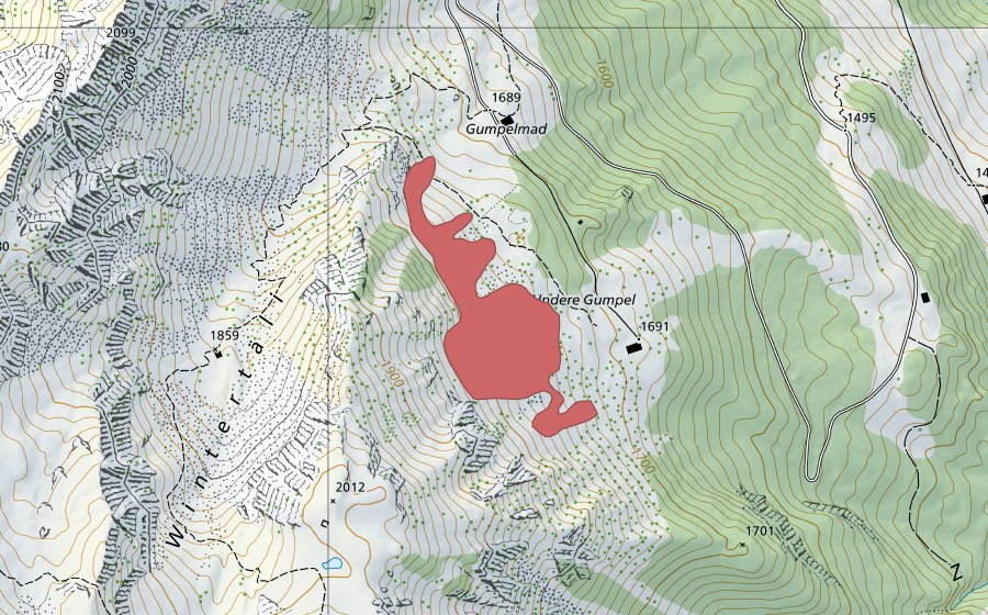 Carte nationale swisstopo avec le périmètre protégé de Undere Gumpel (Prairie sèche)