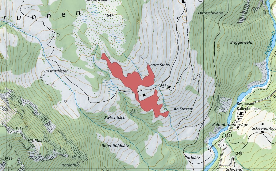 swisstopo national map showing the protected perimeter of Undere Stafel (Dry meadow)