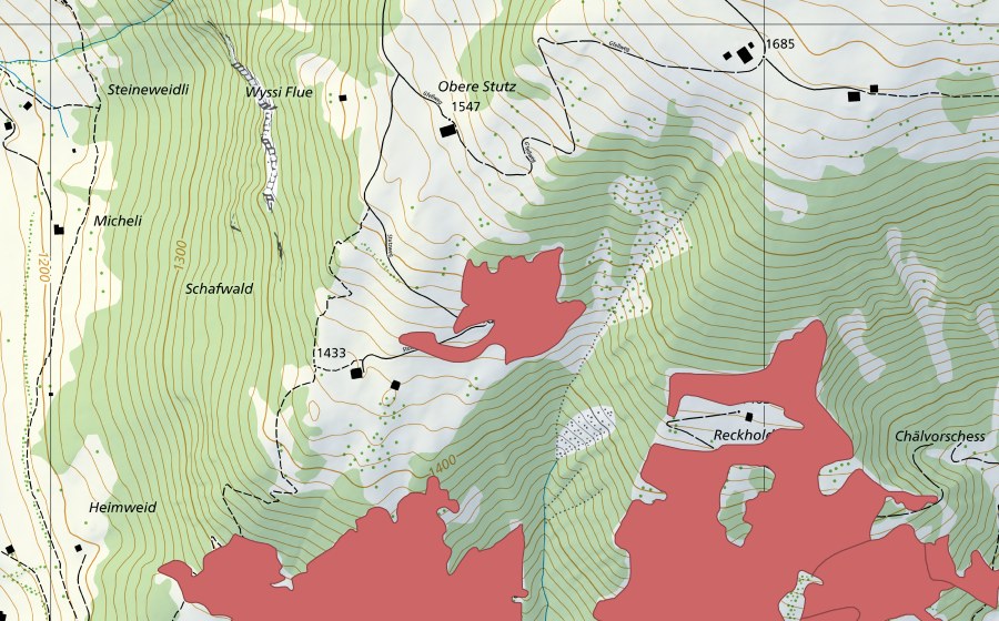 Landeskarte swisstopo mit dem Schutzperimeter von Undere Stutz (Trockenwiese)