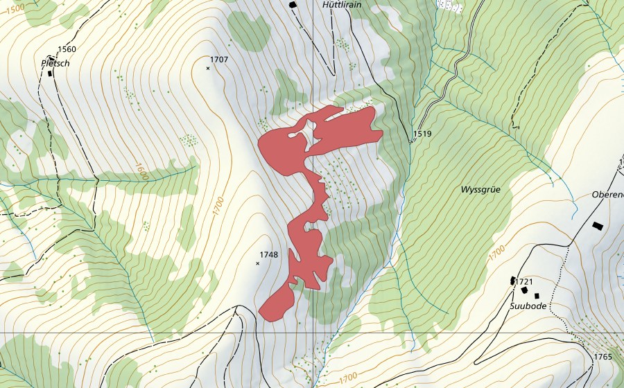 Carte nationale swisstopo avec le périmètre protégé de Underenegg (Prairie sèche)