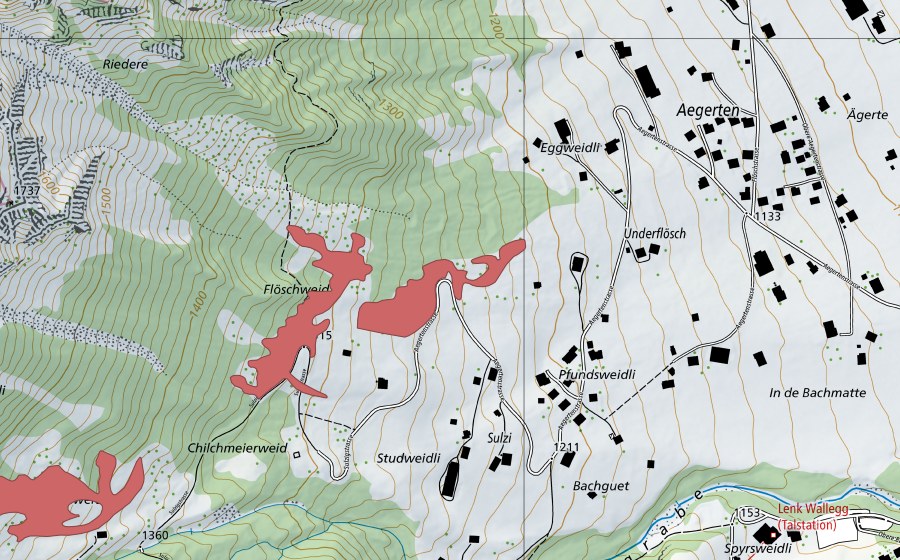 Carte nationale swisstopo avec le périmètre protégé de Underflösch (Prairie sèche)