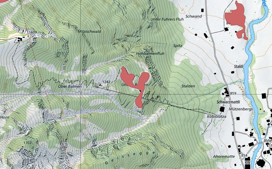 Carte nationale swisstopo avec le périmètre protégé de Underi Balme (Prairie sèche)