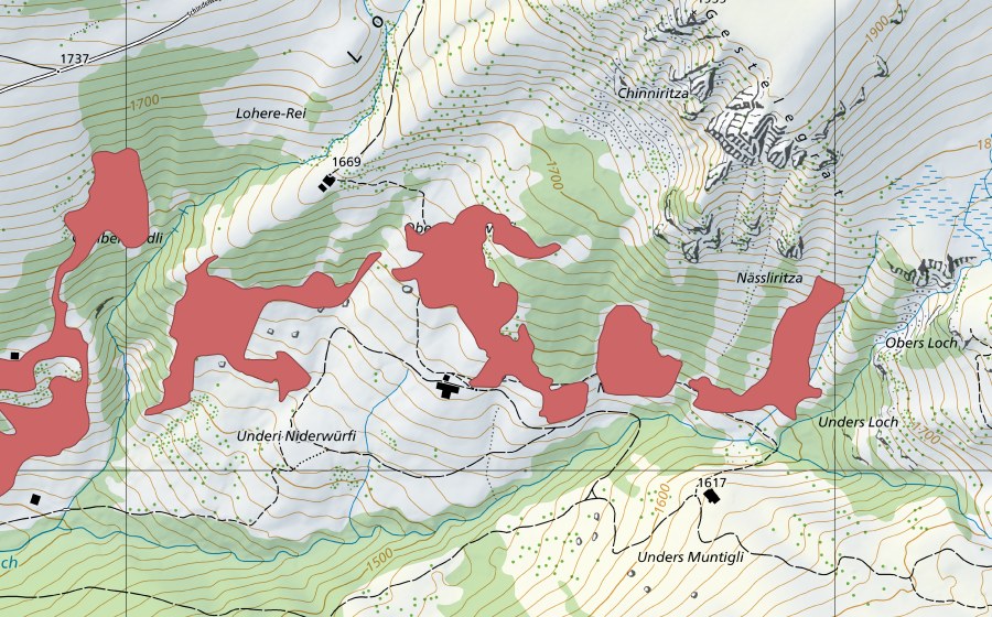 Carte nationale swisstopo avec le périmètre protégé de Underi Niderwürfi (Prairie sèche)