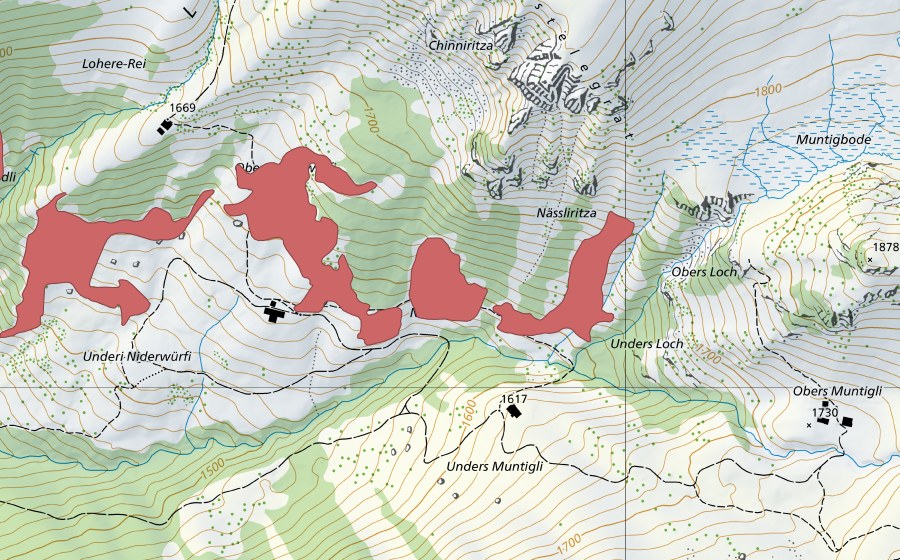 swisstopo national map showing the protected perimeter of Underi Niderwürfi (Dry meadow)