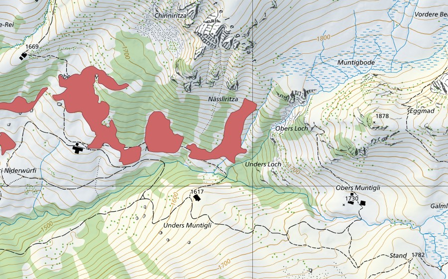 swisstopo national map showing the protected perimeter of Underi Niderwürfi (Dry meadow)