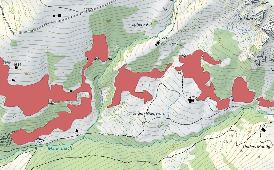 Carte nationale swisstopo avec le périmètre protégé de Underi Niderwürfi (Prairie sèche)