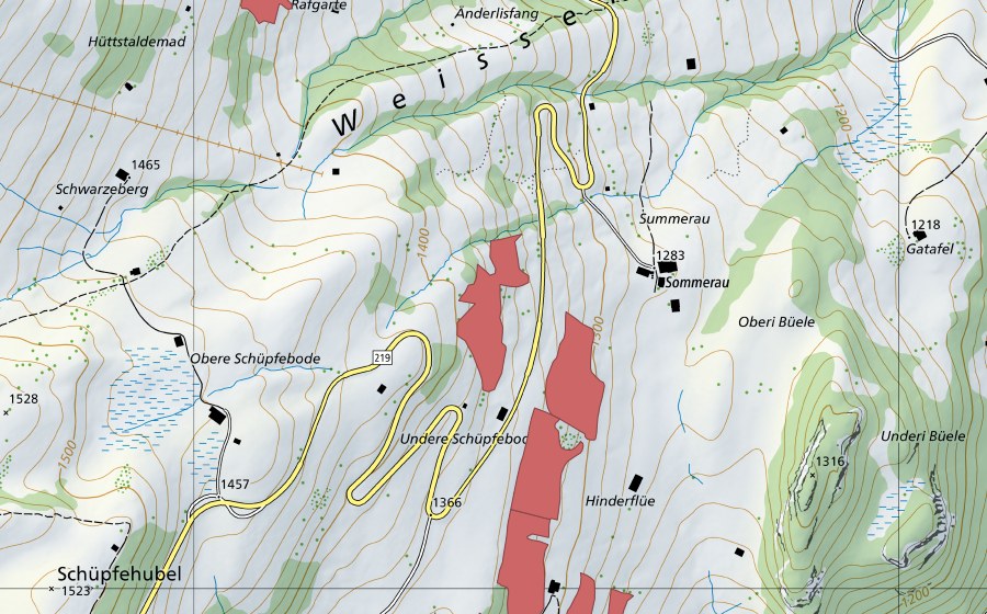Landeskarte swisstopo mit dem Schutzperimeter von Underi Schüpfen (Trockenwiese)