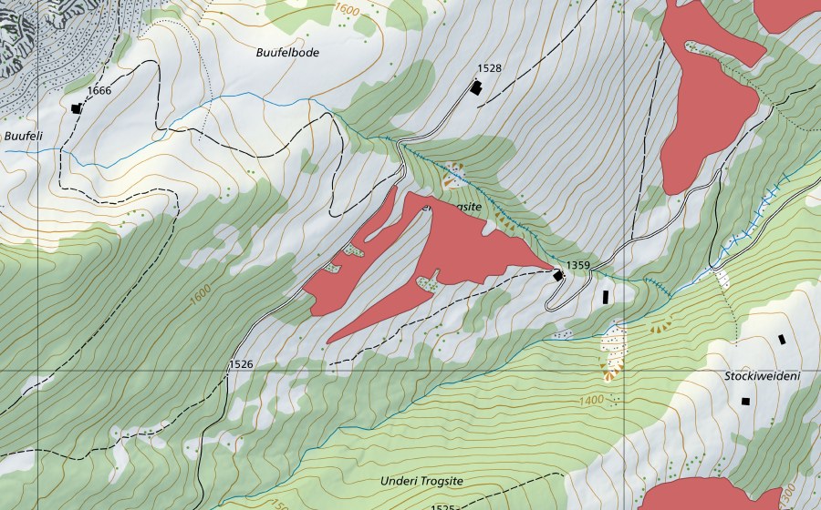 Landeskarte swisstopo mit dem Schutzperimeter von Underi Trogsite (Trockenwiese)
