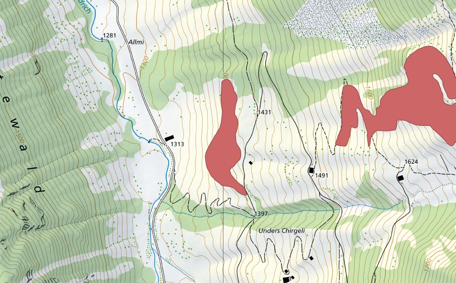 swisstopo national map showing the protected perimeter of Unders Chirgeli (Dry meadow)