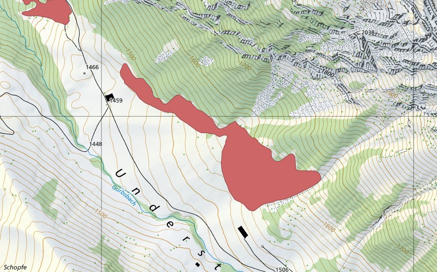 Carta nazionale swisstopo con il perimetro protetto di Underste Gurbs (Prato secco)