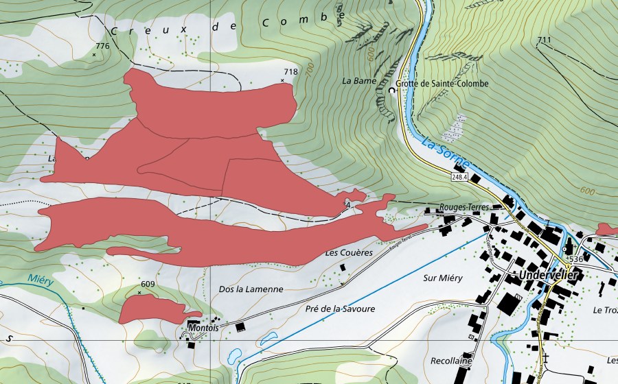 Carte nationale swisstopo avec le périmètre protégé de Undervelier (Prairie sèche)