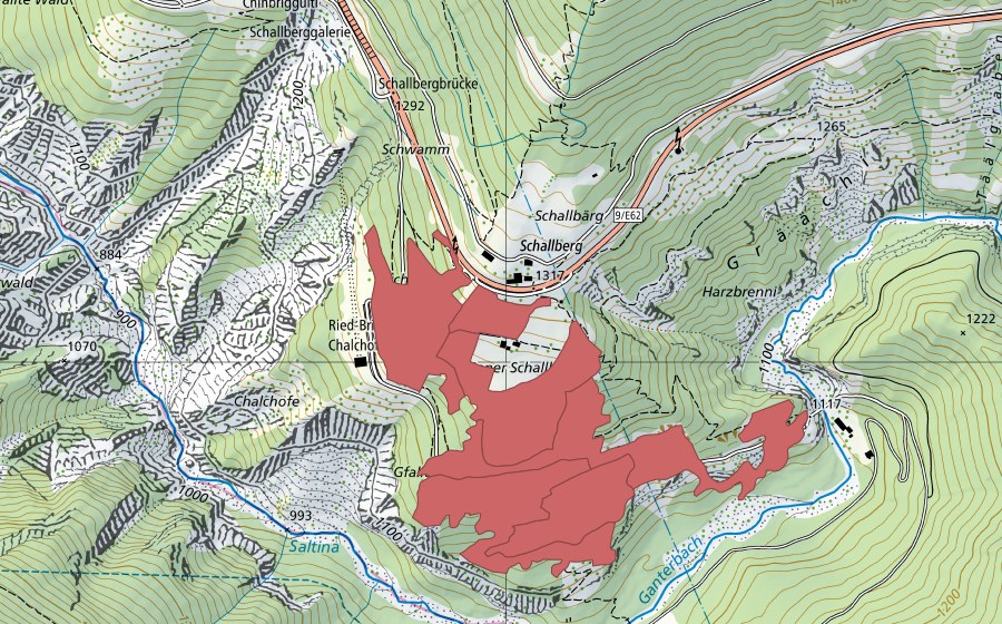 Carte nationale swisstopo avec le périmètre protégé de Undre Schallberg (Prairie sèche)