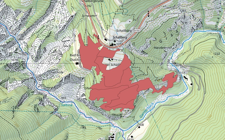 swisstopo national map showing the protected perimeter of Undre Schallberg (Dry meadow)