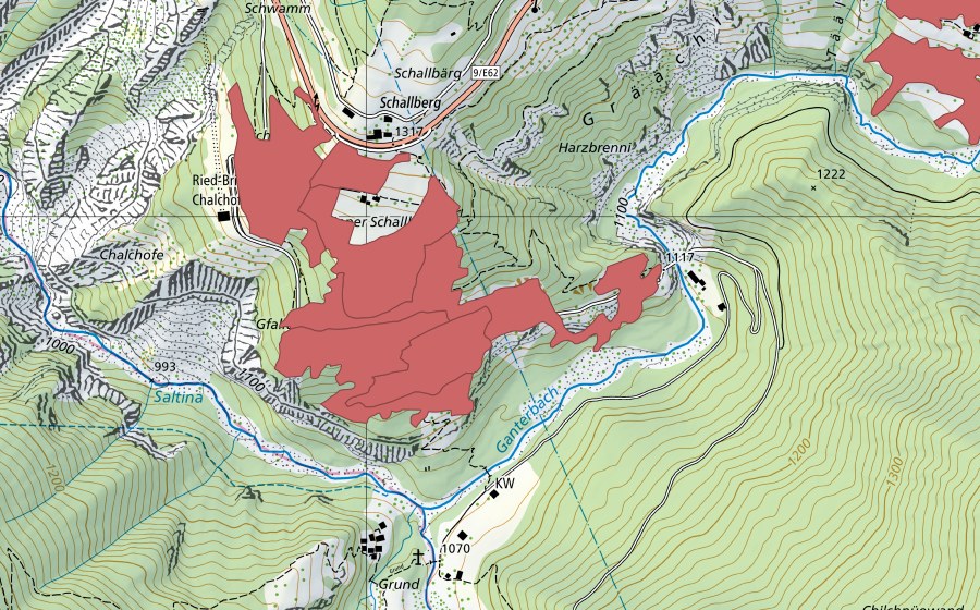 Landeskarte swisstopo mit dem Schutzperimeter von Undre Schallberg (Trockenwiese)