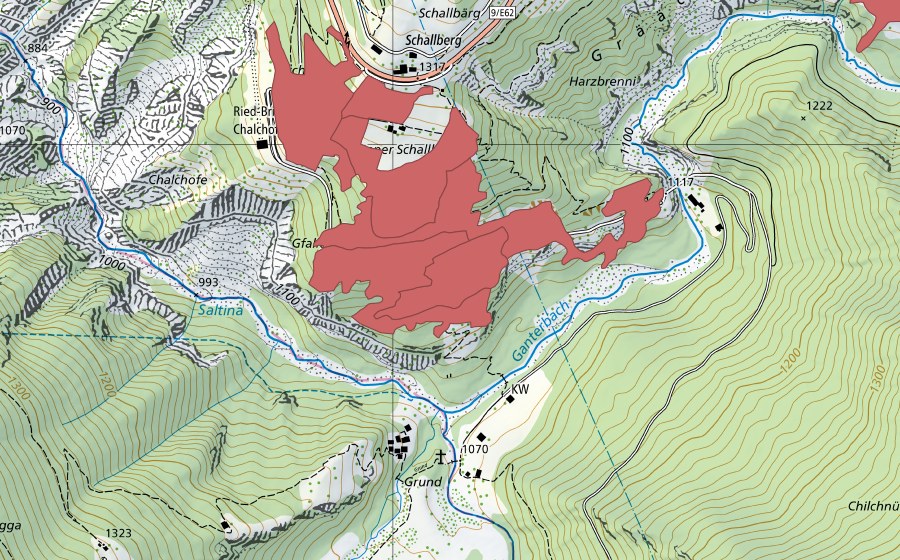 Landeskarte swisstopo mit dem Schutzperimeter von Undre Schallberg (Trockenwiese)