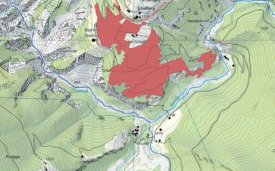 Carte nationale swisstopo avec le périmètre protégé de Undre Schallberg (Prairie sèche)