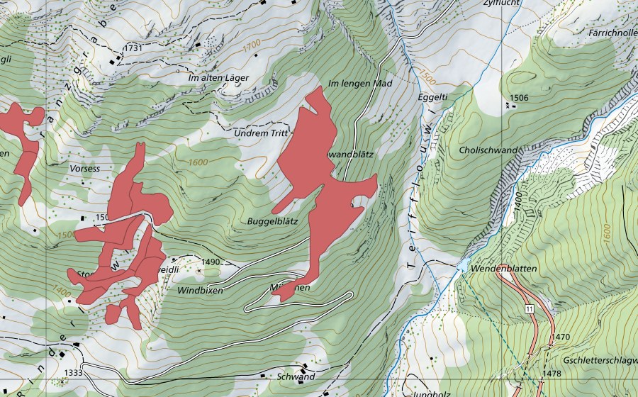 Carte nationale swisstopo avec le périmètre protégé de Undrem Tritt (Prairie sèche)