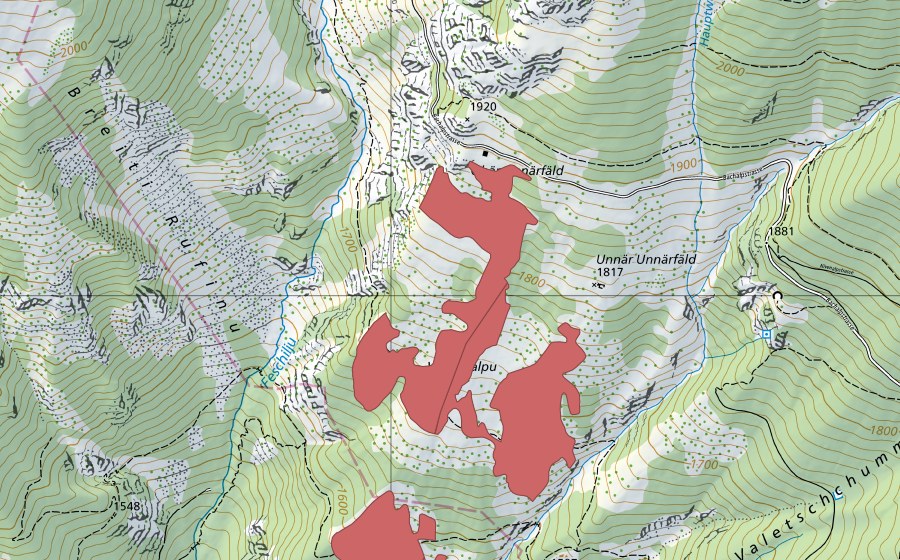 Carte nationale swisstopo avec le périmètre protégé de Unnerfäld (Prairie sèche)
