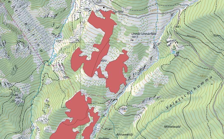 Carte nationale swisstopo avec le périmètre protégé de Unnerfäld (Prairie sèche)