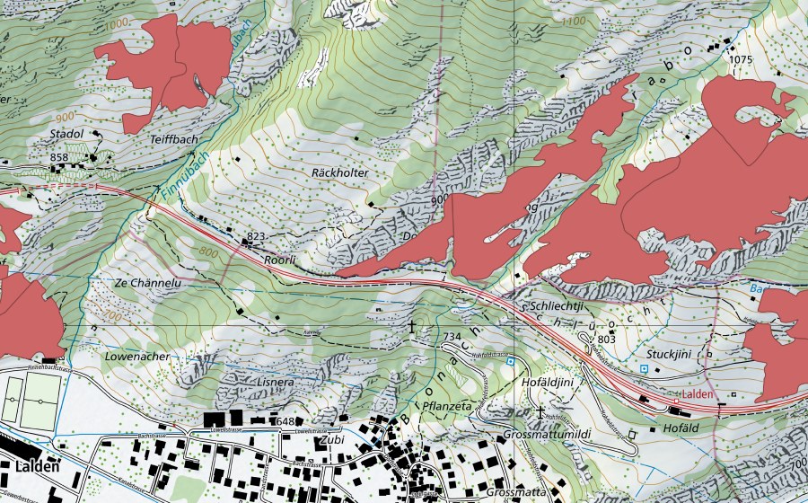 Carte nationale swisstopo avec le périmètre protégé de Unneri Brich (Prairie sèche)