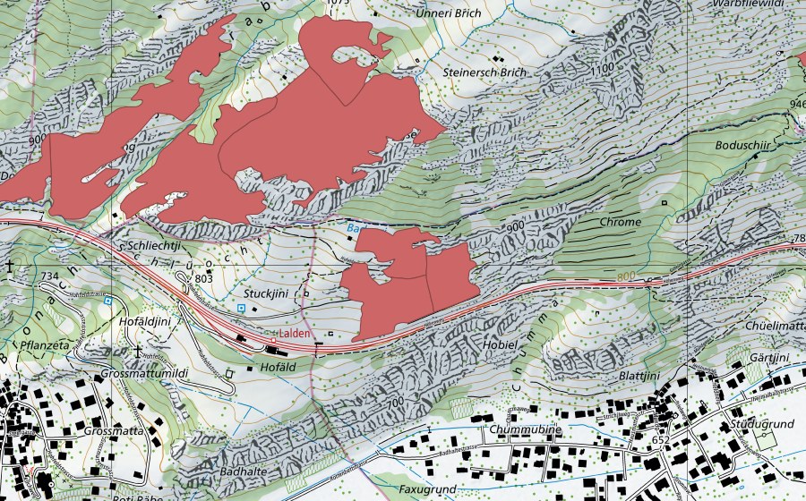 swisstopo national map showing the protected perimeter of Unneri Brich (Dry meadow)