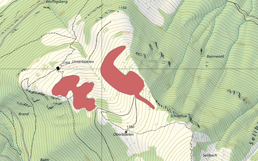 swisstopo national map showing the protected perimeter of Unter Büelen (Dry meadow)