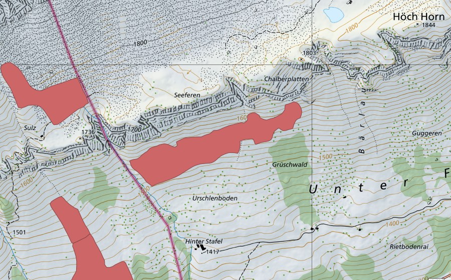 Carte nationale swisstopo avec le périmètre protégé de Unter Friteren (Prairie sèche)