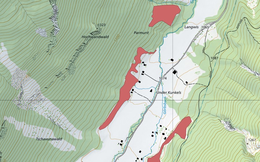 swisstopo national map showing the protected perimeter of Unter Kunkels (Dry meadow)