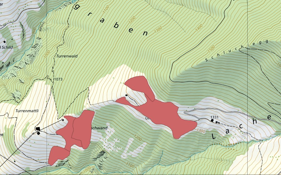 Landeskarte swisstopo mit dem Schutzperimeter von Unter Lachen (Trockenwiese)