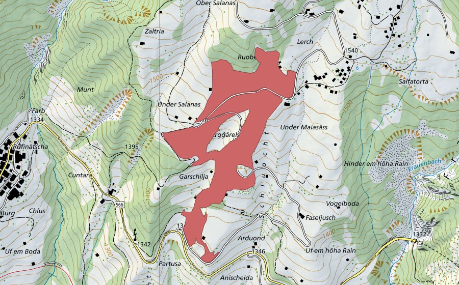 Carte nationale swisstopo avec le périmètre protégé de Unter Maiensäss (Prairie sèche)