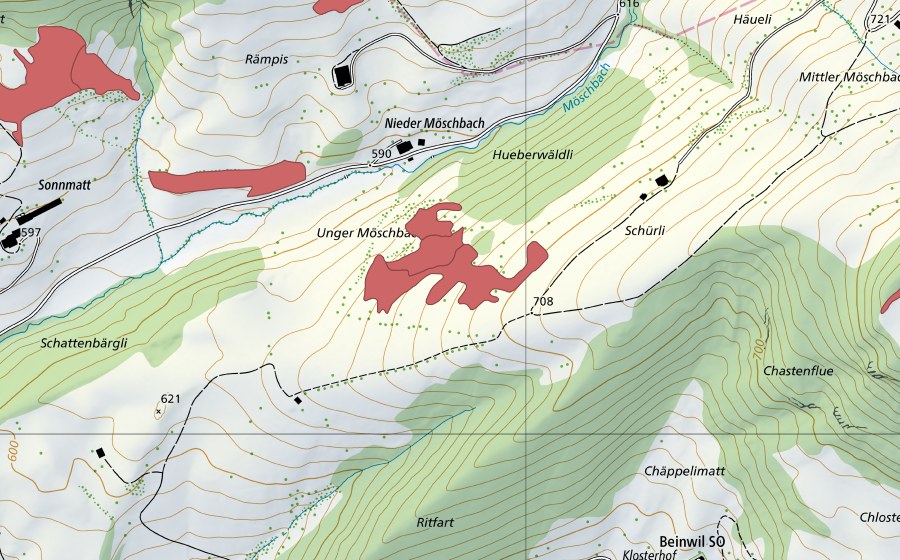 Landeskarte swisstopo mit dem Schutzperimeter von Unter Möschbach (Trockenwiese)