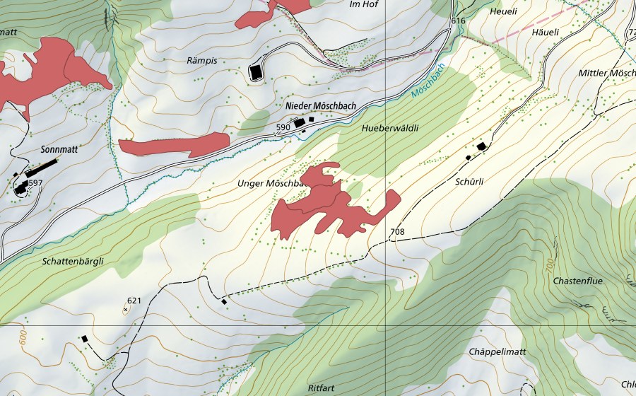 Landeskarte swisstopo mit dem Schutzperimeter von Unter Möschbach (Trockenwiese)