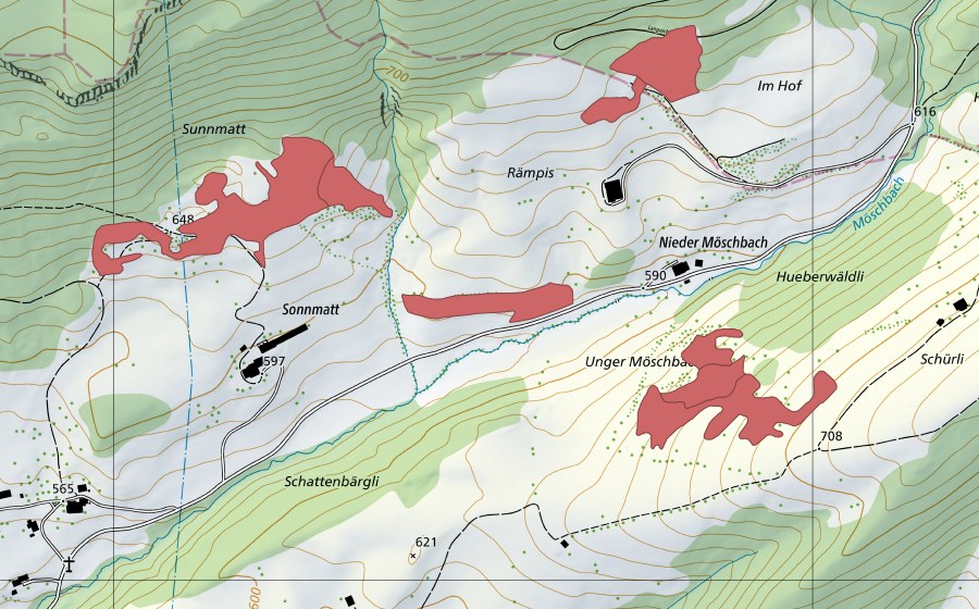 Landeskarte swisstopo mit dem Schutzperimeter von Unter Möschbach (Trockenwiese)