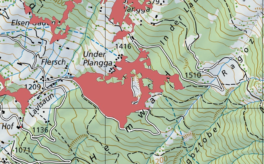 Landeskarte swisstopo mit dem Schutzperimeter von Unter-Planggen (Trockenwiese)
