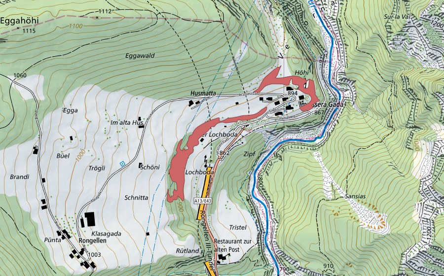 Landeskarte swisstopo mit dem Schutzperimeter von Unter-Rongelen (Trockenwiese)