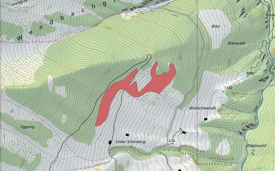 swisstopo national map showing the protected perimeter of Unter Schinberg (Dry meadow)