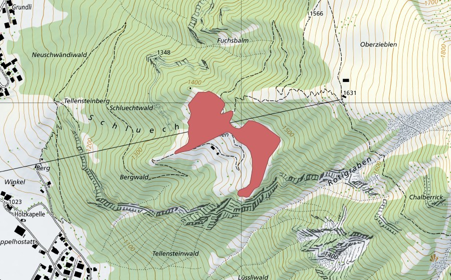 Landeskarte swisstopo mit dem Schutzperimeter von Unter Zieblen (Trockenwiese)