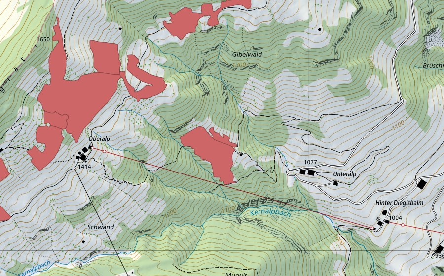 Carte nationale swisstopo avec le périmètre protégé de Unteralp (Prairie sèche)