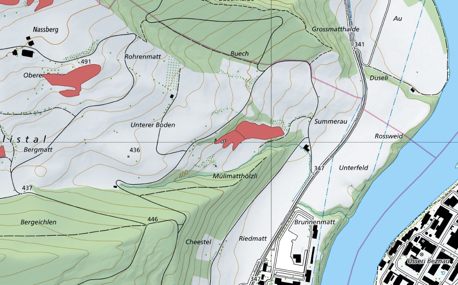 Carte nationale swisstopo avec le périmètre protégé de Unterboden (Prairie sèche)