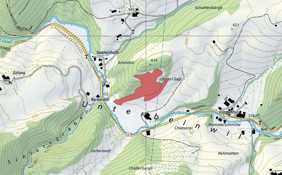 Carte nationale swisstopo avec le périmètre protégé de Untere Säge (Prairie sèche)