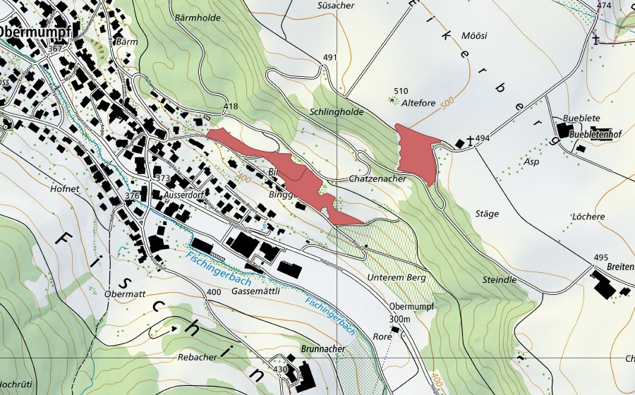 Carte nationale swisstopo avec le périmètre protégé de Unterem Berg (Prairie sèche)
