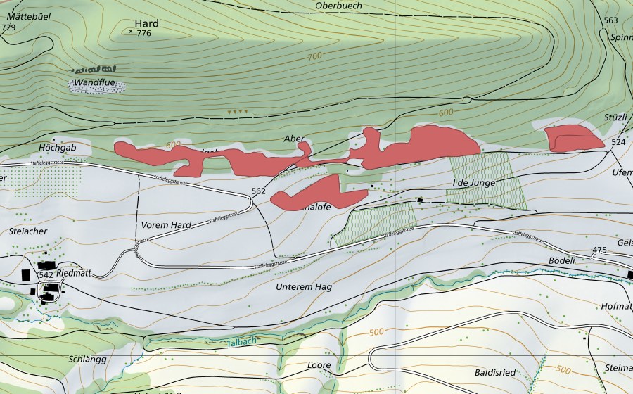 Carte nationale swisstopo avec le périmètre protégé de Unterem Hag (Prairie sèche)