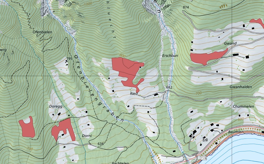 swisstopo national map showing the protected perimeter of Unterer Ofenbielen (Dry meadow)